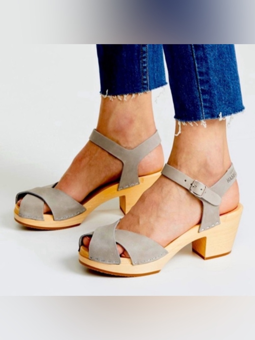 Swedish Hasbeens Grey Mirja 39 cross over buckle sandal heels